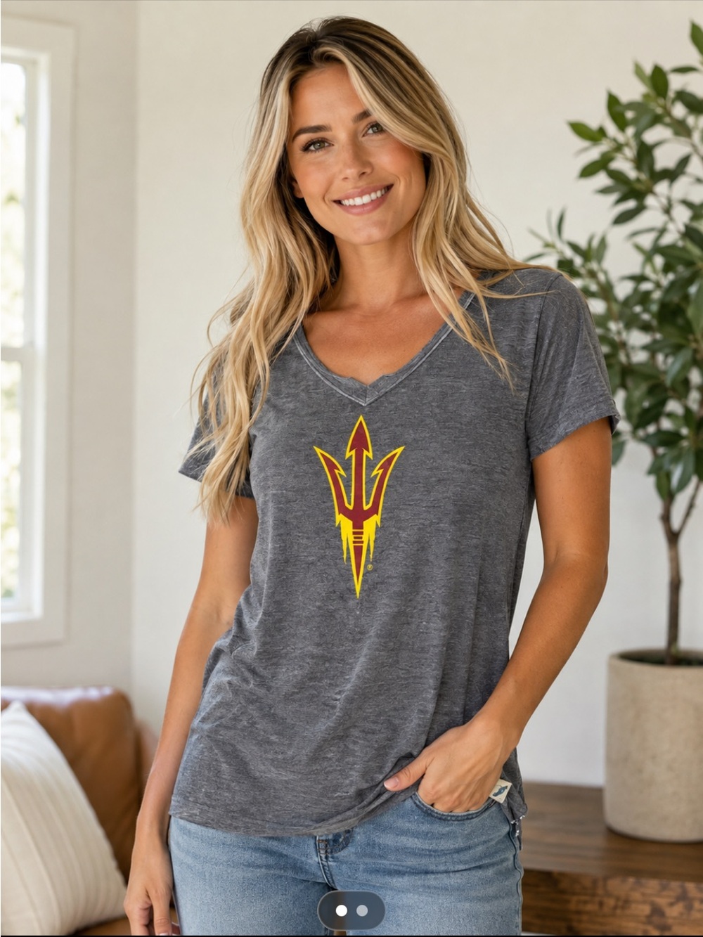 League Women's Gray V-Neck Tee with Yellow & Maroon Trident